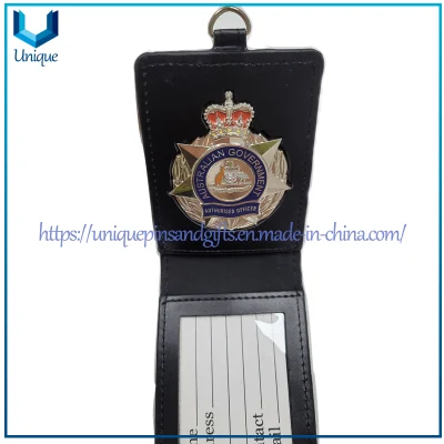 Insigne en métal d'officier du gouvernement australien personnalisé avec support en cuir de vache, insigne de police australien argenté avec support en cuir