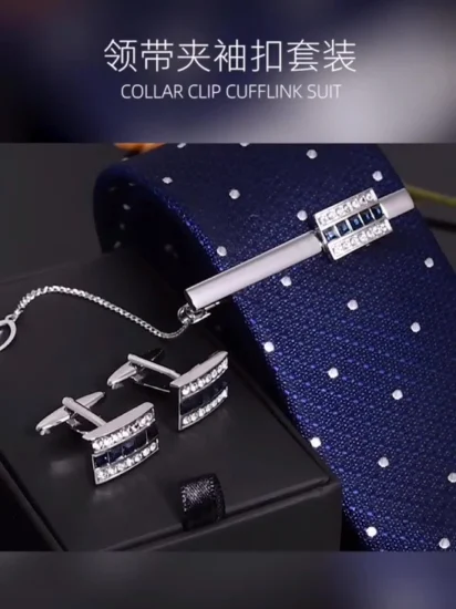 La Chine en gros personnalisé OEM bijoux de mode vêtements accessoire cadeau chemise pour hommes or argent métal blanc pince à cravate ensemble bouton de manchette avec pierre en plastique/boîte de luxe
